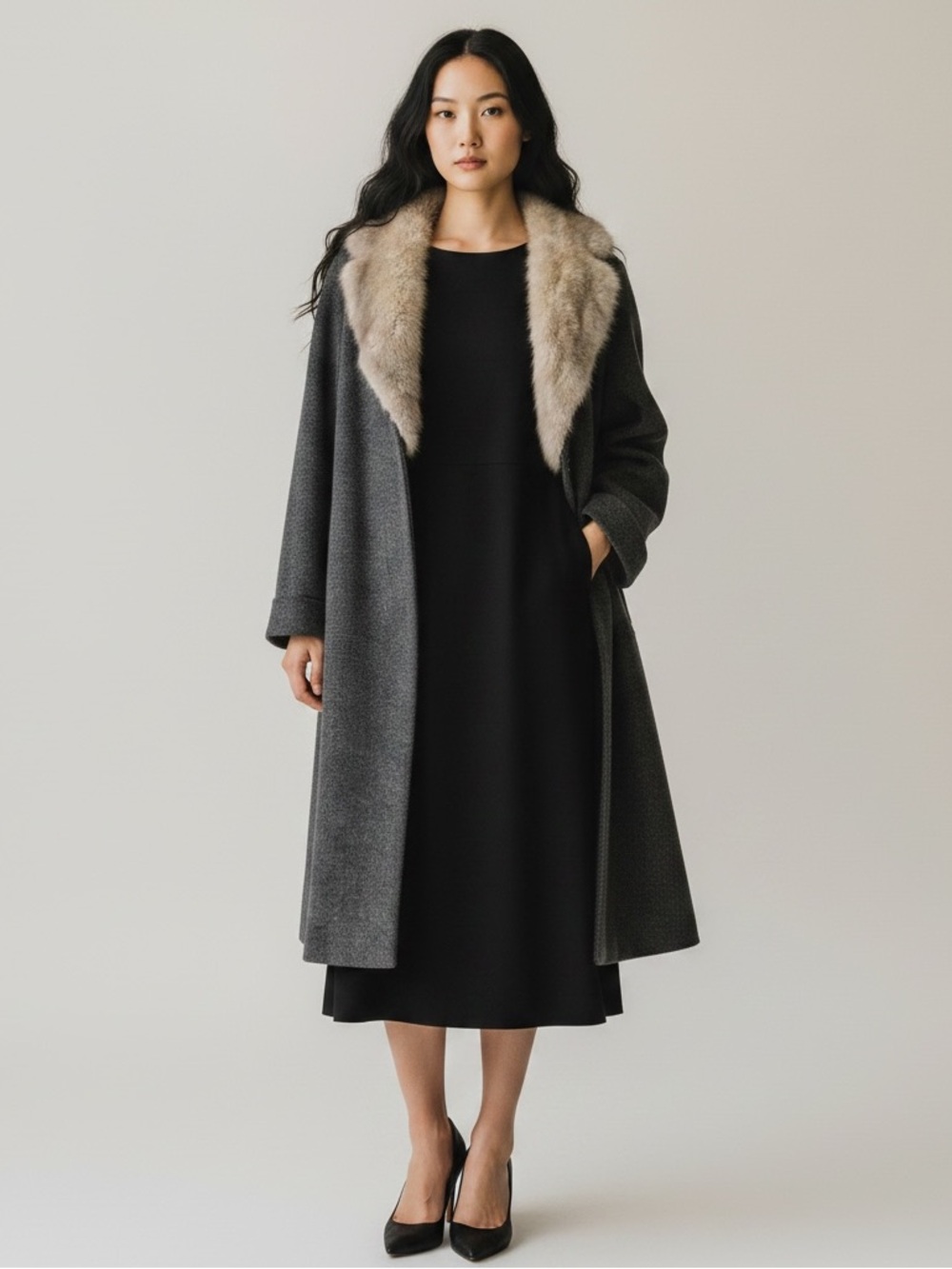 Vintage Forstmann Marina Wool Charcoal A-line Coat with Fox Fur Collar - Large